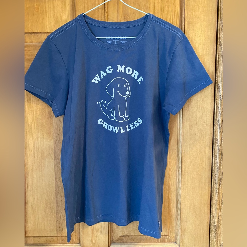 Life is Good Blue Graphic Tee with Dog Print
